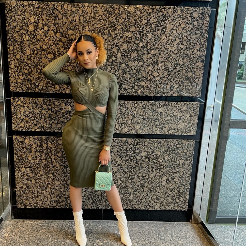 Olive Green Cutout Ribbed Dress